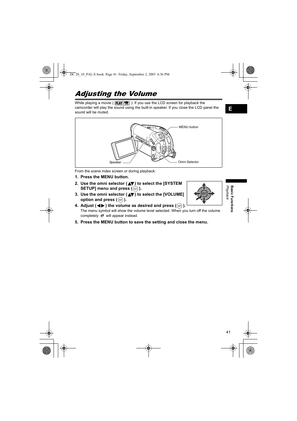 Adjusting the volume | Canon DC 20 User Manual | Page 41 / 144