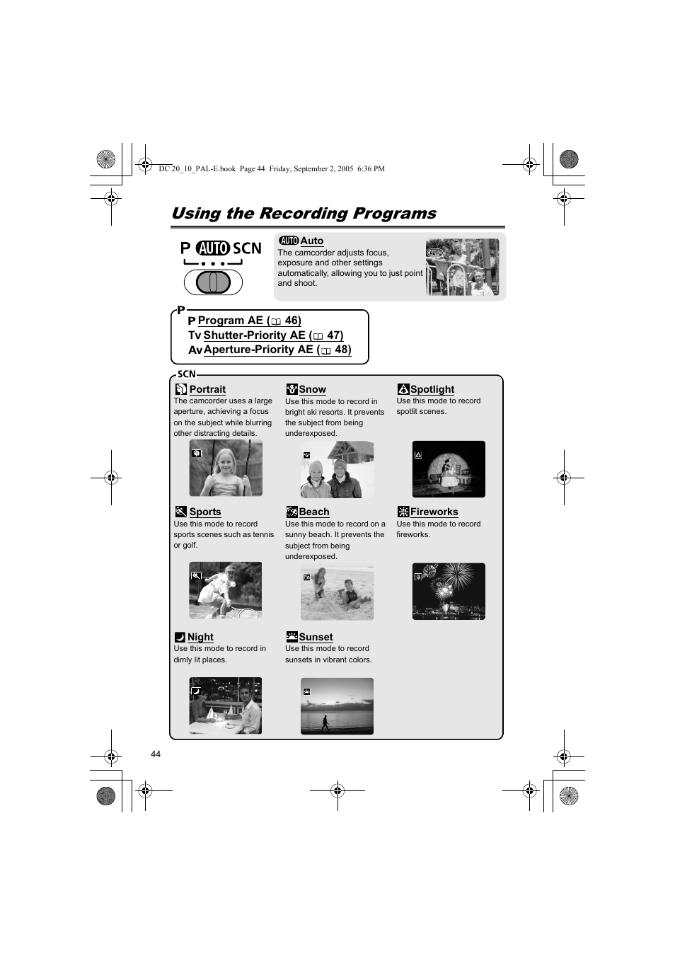 Advanced features, Recording programs, Using the recording programs | Canon DC 20 User Manual | Page 44 / 144