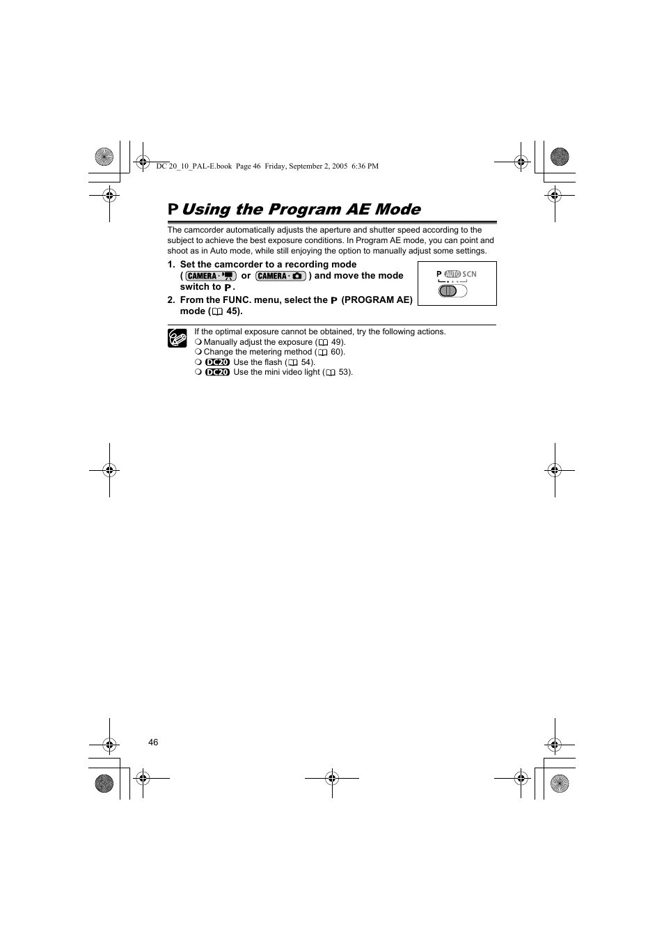 P using the program ae mode, Using the program ae mode | Canon DC 20 User Manual | Page 46 / 144