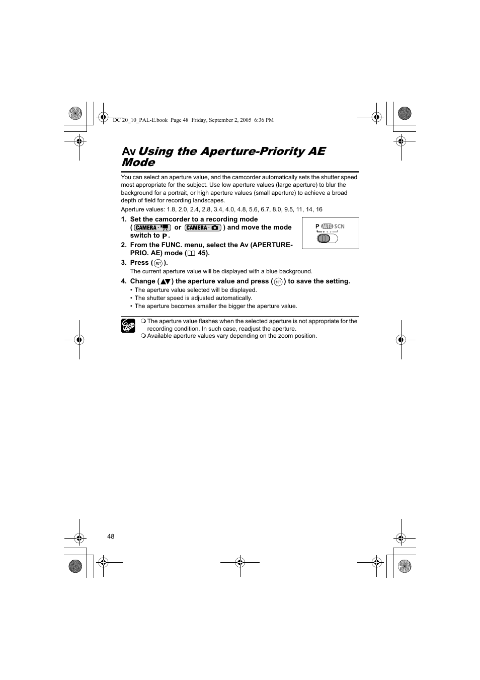 Av using the aperture-priority ae mode, Using the aperture-priority ae mode | Canon DC 20 User Manual | Page 48 / 144