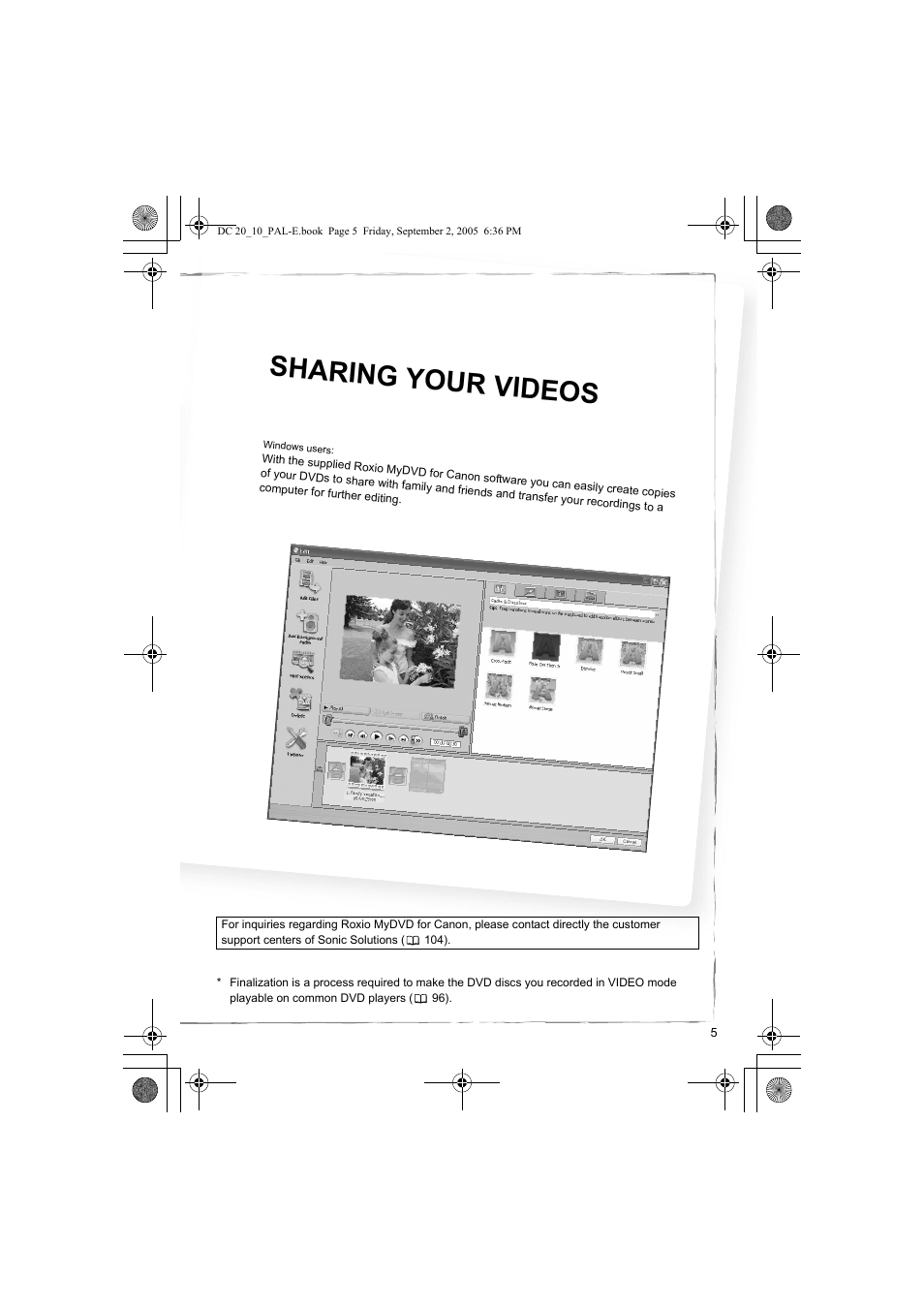 Sharing your videos | Canon DC 20 User Manual | Page 5 / 144