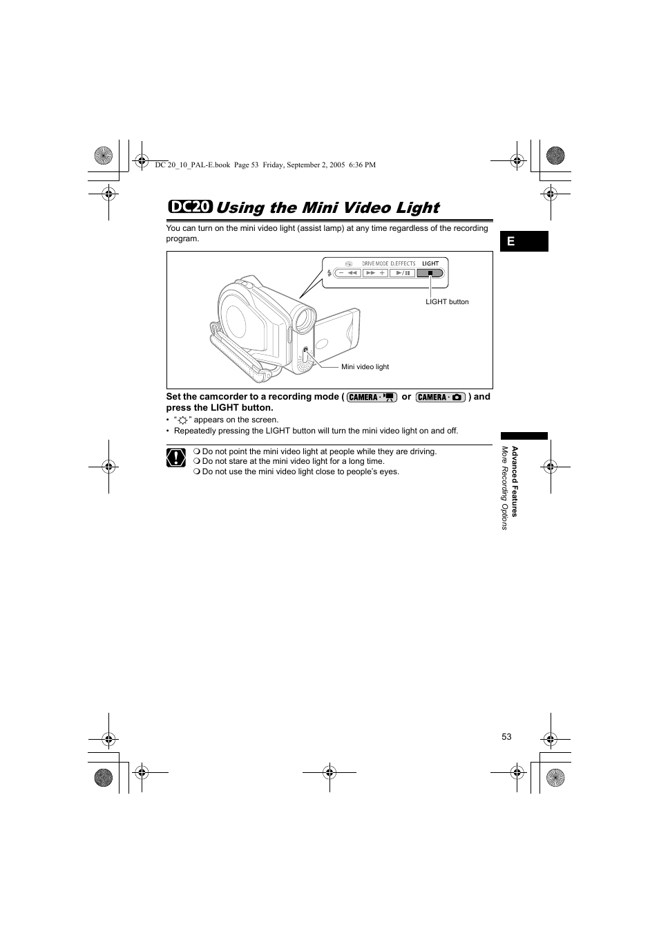 Dc20 using the mini video light, Using the mini video light | Canon DC 20 User Manual | Page 53 / 144