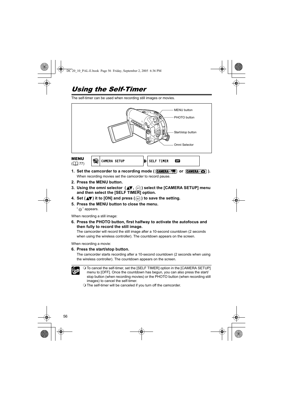 Using the self-timer | Canon DC 20 User Manual | Page 56 / 144