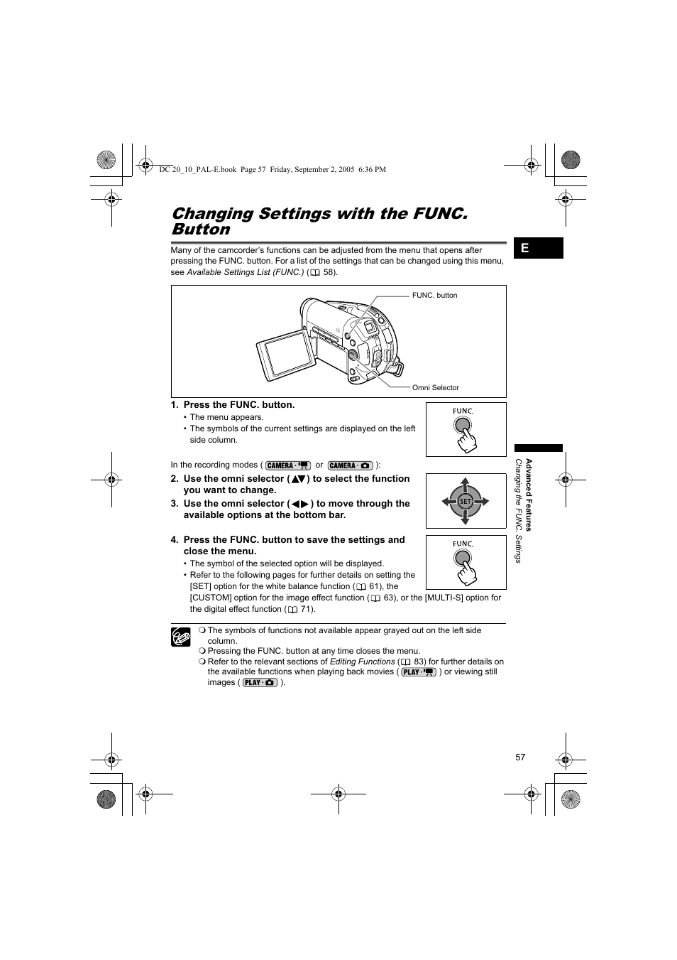 Changing the func. settings, Changing settings with the func. button | Canon DC 20 User Manual | Page 57 / 144