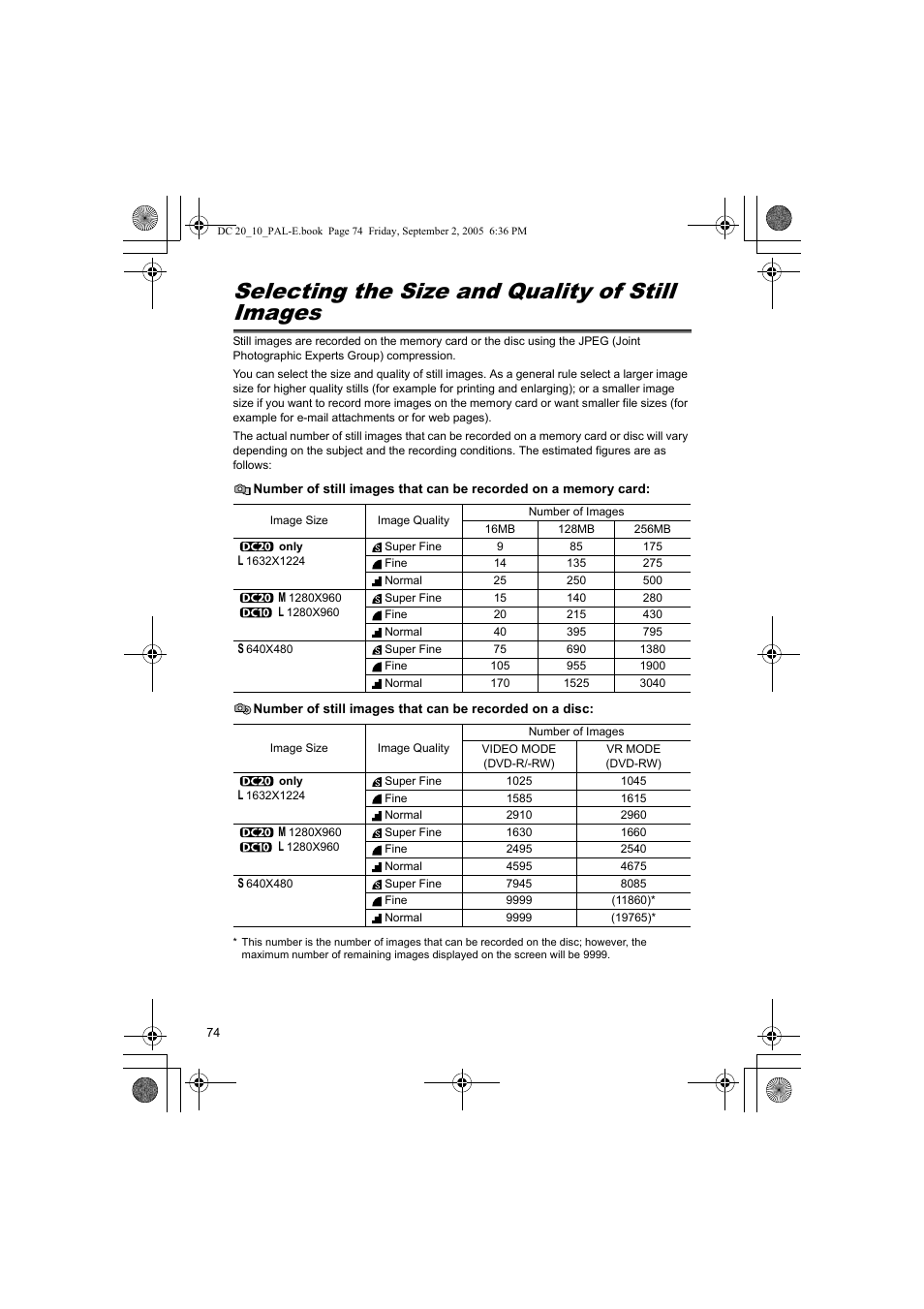 Selecting the size and quality of still images | Canon DC 20 User Manual | Page 74 / 144