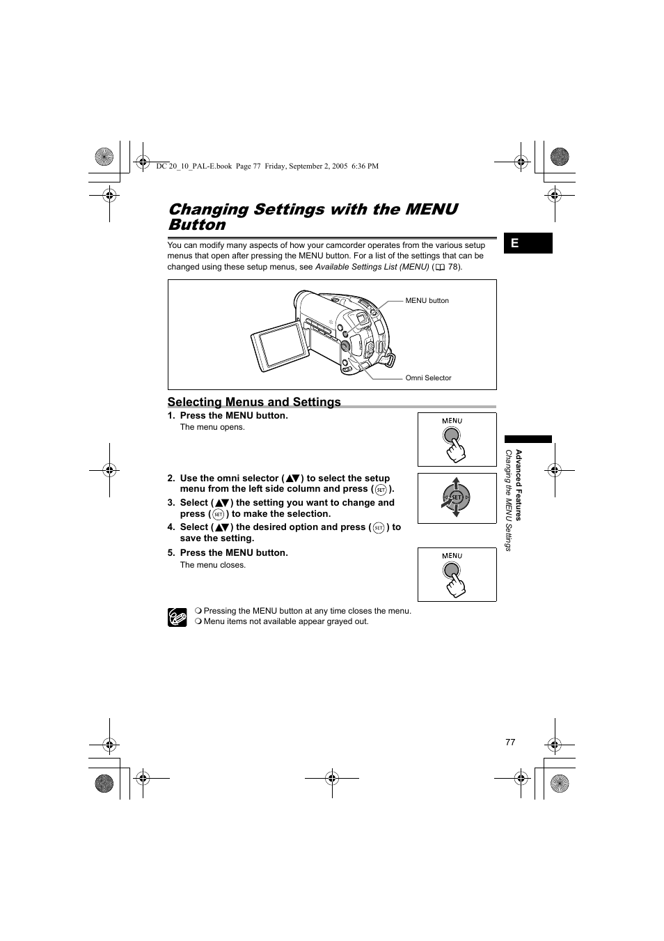 Changing the menu settings, Changing settings with the menu button, Selecting menus and settings | Canon DC 20 User Manual | Page 77 / 144