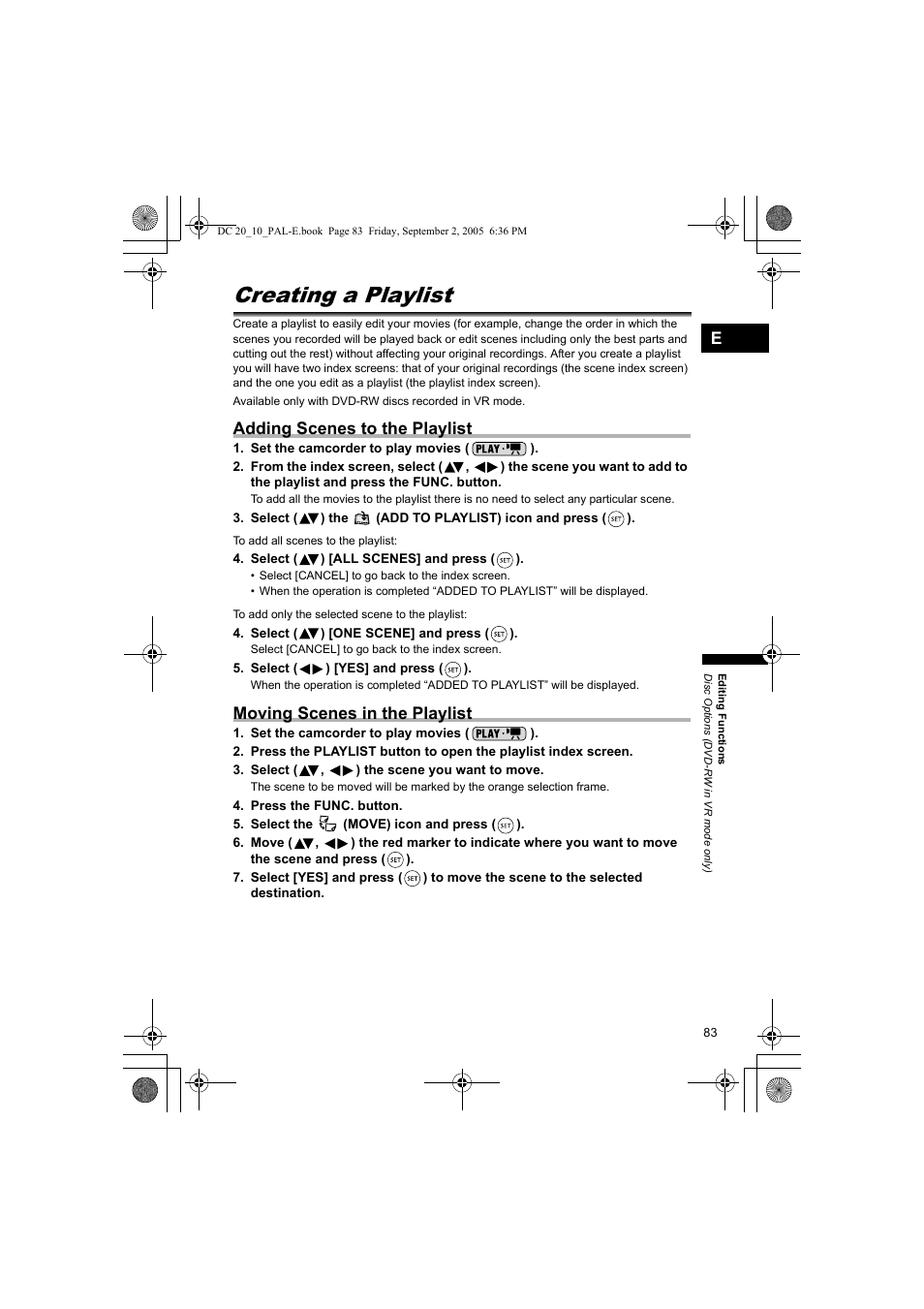 Editing functions, Disc options (dvd-rw in vr mode only), Creating a playlist | Adding scenes to the playlist, Moving scenes in the playlist | Canon DC 20 User Manual | Page 83 / 144