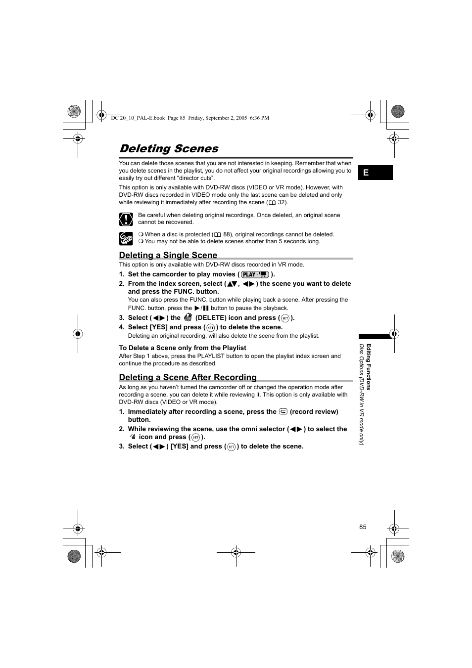 Deleting scenes, Deleting a single scene, Deleting a scene after recording | Canon DC 20 User Manual | Page 85 / 144