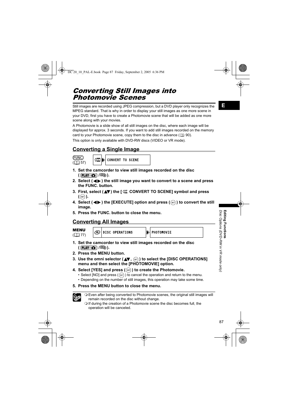 Converting still images into photomovie scenes, Converting a single image, Converting all images | Canon DC 20 User Manual | Page 87 / 144