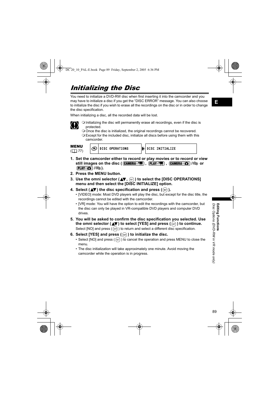 Initializing the disc | Canon DC 20 User Manual | Page 89 / 144