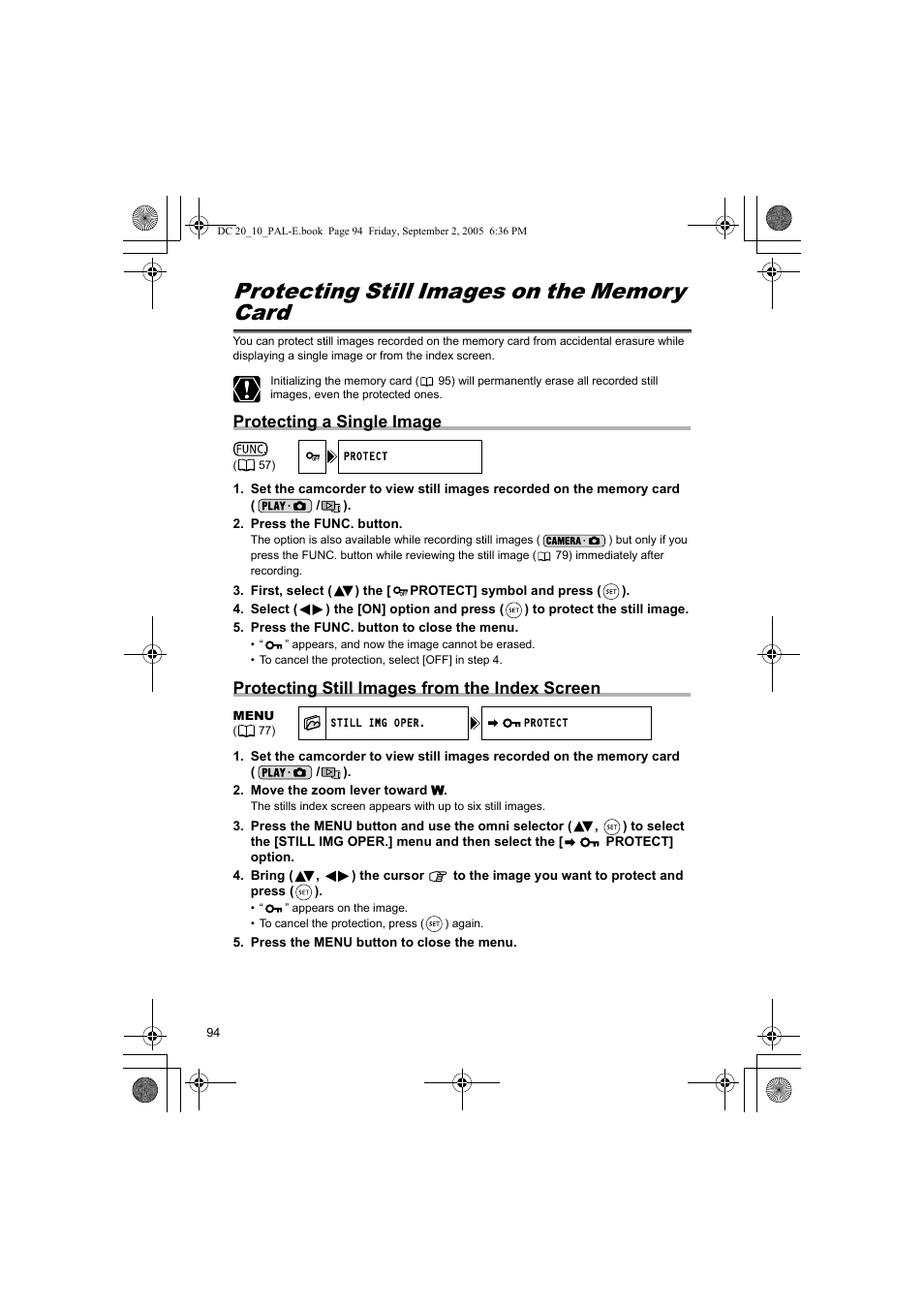 Protecting still images on the memory card, Protecting a single image, Protecting still images from the index screen | Canon DC 20 User Manual | Page 94 / 144