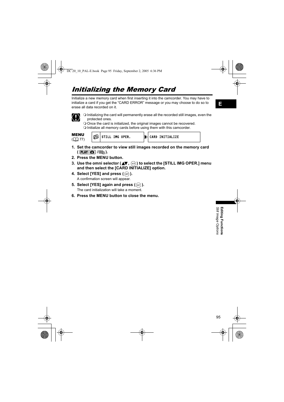 Initializing the memory card | Canon DC 20 User Manual | Page 95 / 144