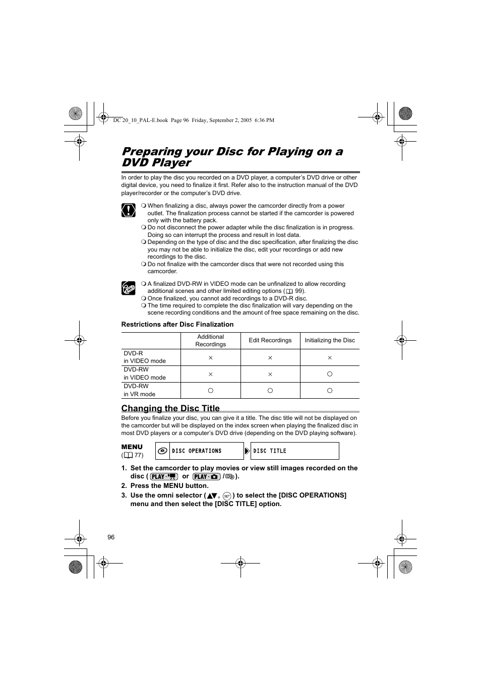 Disc finalization, Preparing your disc for playing on a dvd player, Changing the disc title | Canon DC 20 User Manual | Page 96 / 144