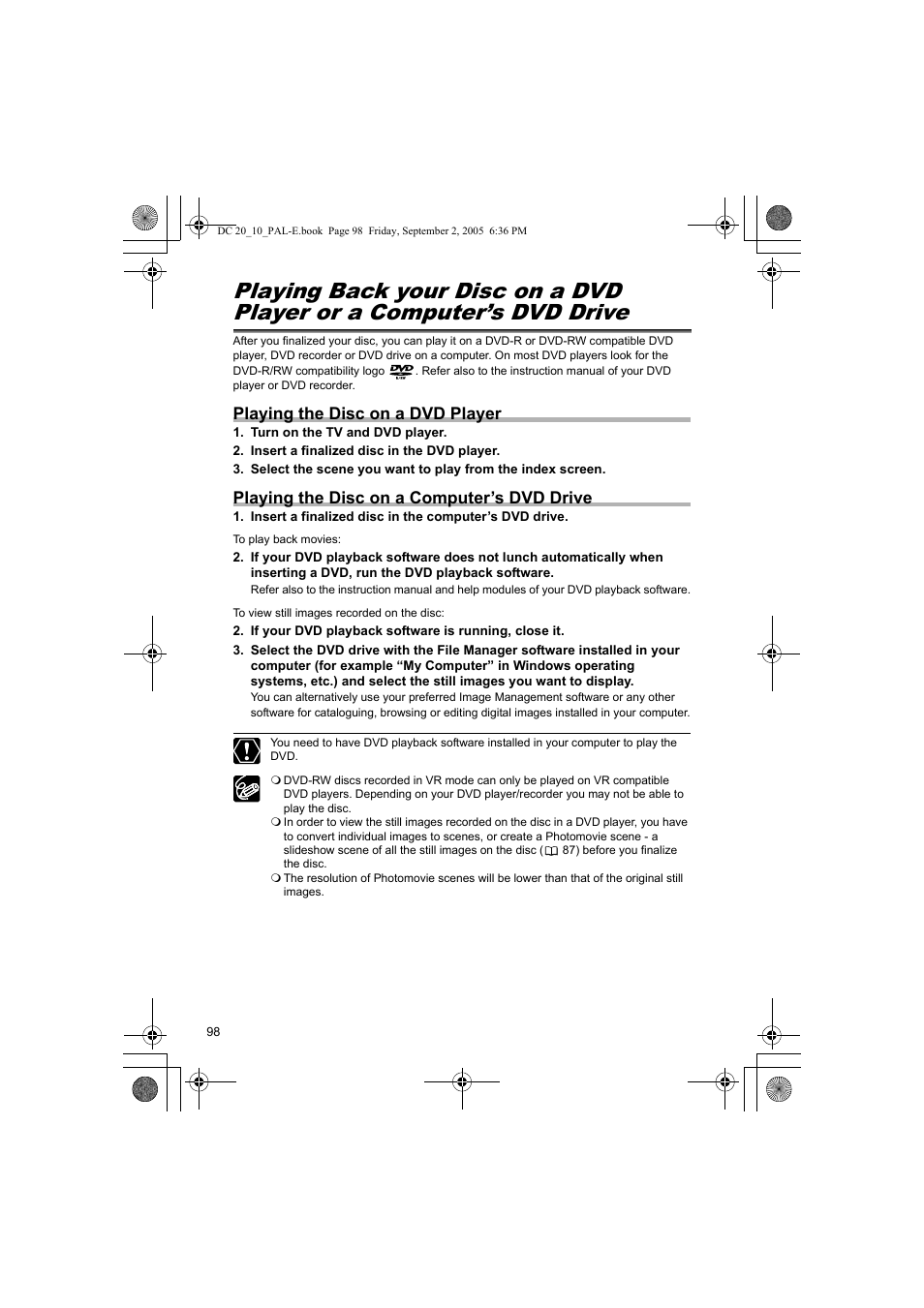 Playing the disc on a dvd player, Playing the disc on a computer’s dvd drive | Canon DC 20 User Manual | Page 98 / 144