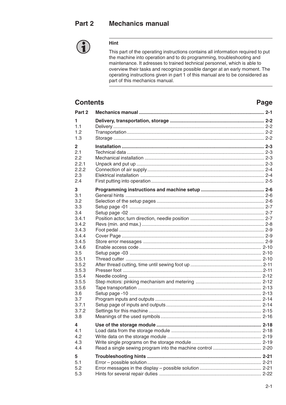 Part 2 mechanics manual, Contents page | Beisler 1500-70-2 User Manual | Page 25 / 46
