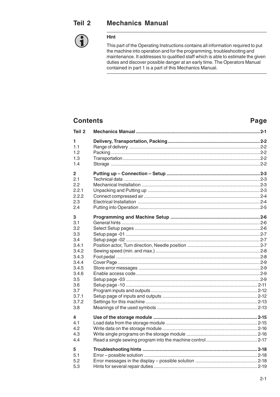 Teil 2 mechanics manual, Contents page | Beisler 1710-5 User Manual | Page 23 / 42