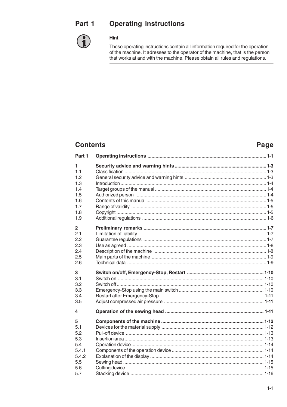 Contents page, Part 1 operating instructions | Beisler 1710-5 User Manual | Page 3 / 42