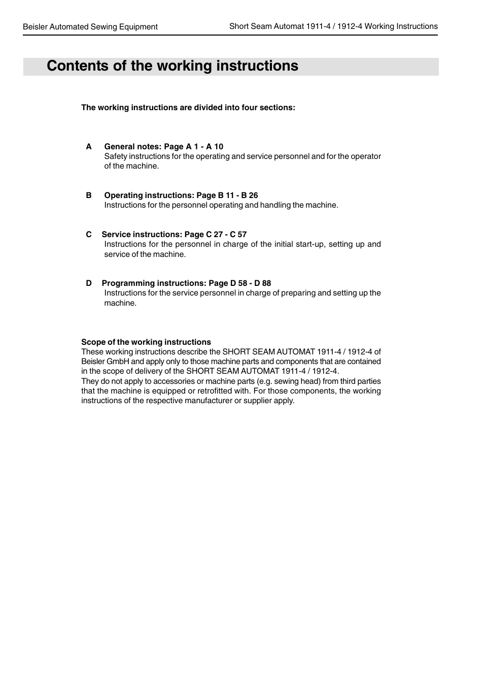 Contents of the working instructions | Beisler 1911-4 User Manual | Page 2 / 88