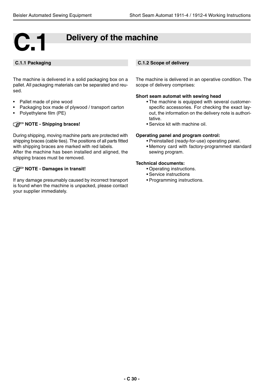 Delivery of the machine | Beisler 1911-4 User Manual | Page 30 / 88