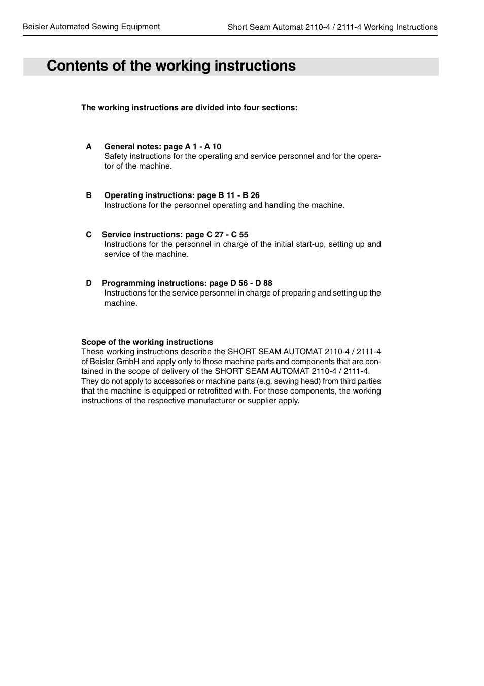 Contents of the working instructions | Beisler 2111-4 User Manual | Page 2 / 88