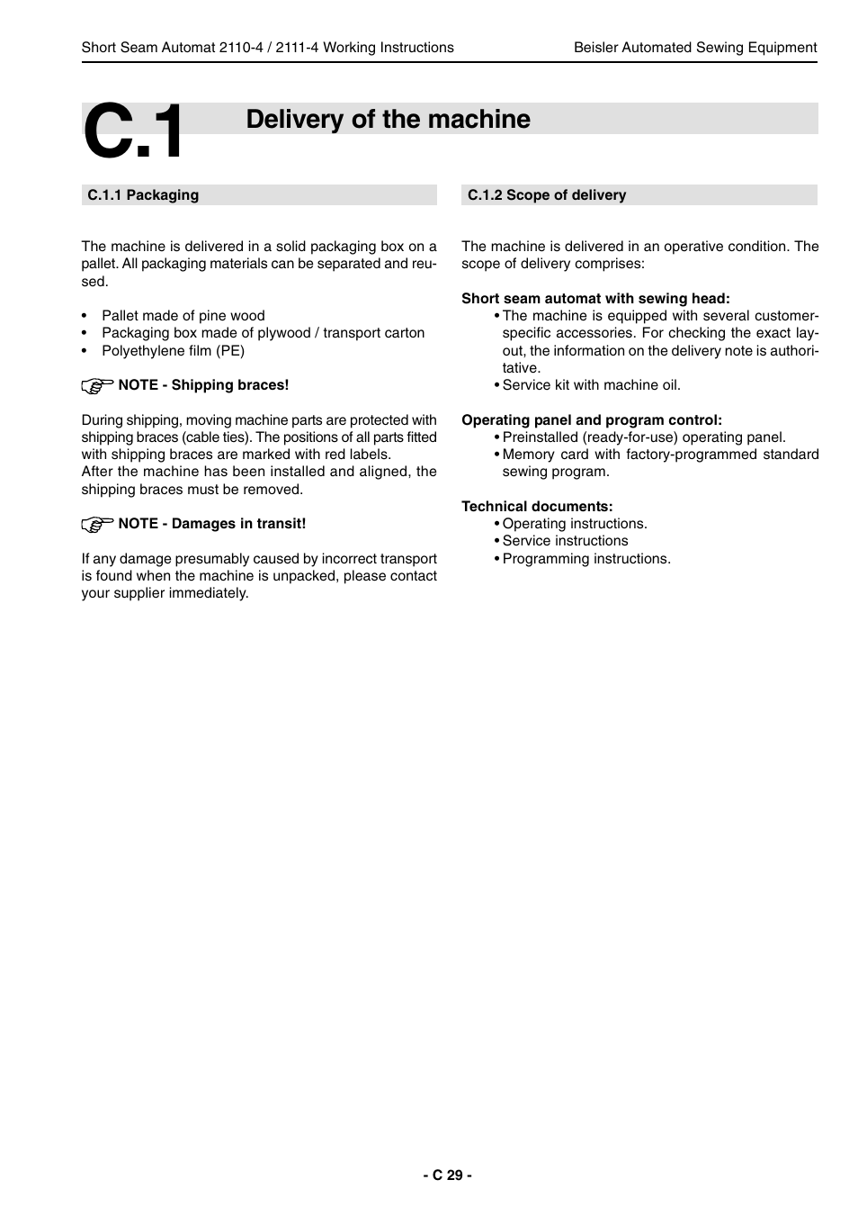 Delivery of the machine | Beisler 2111-4 User Manual | Page 29 / 88