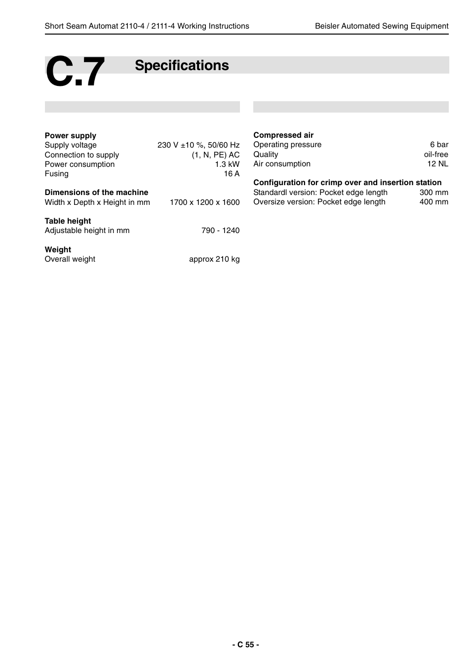 Specifications | Beisler 2111-4 User Manual | Page 55 / 88