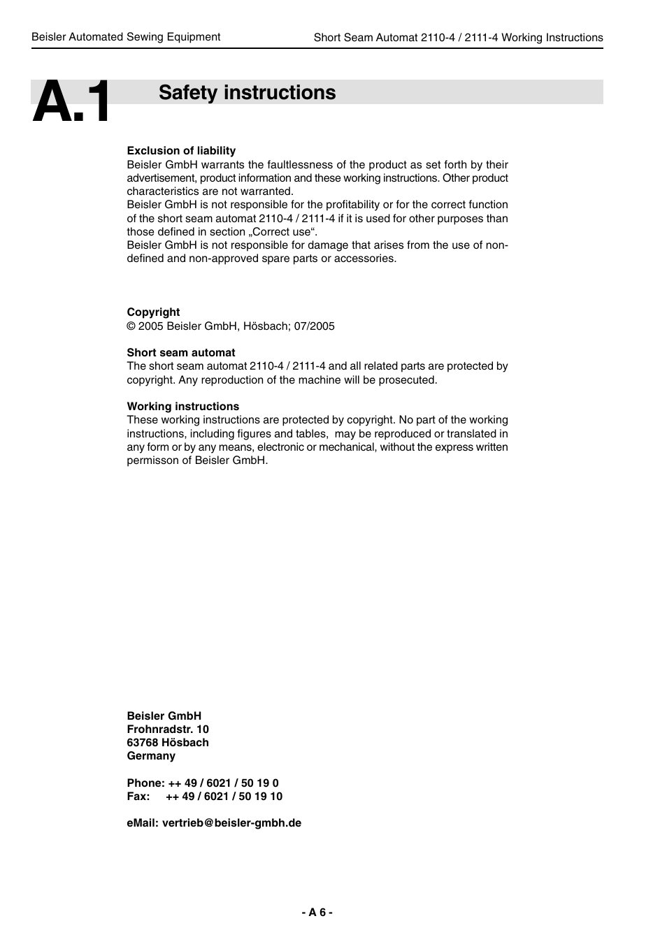 Safety instructions | Beisler 2111-4 User Manual | Page 6 / 88