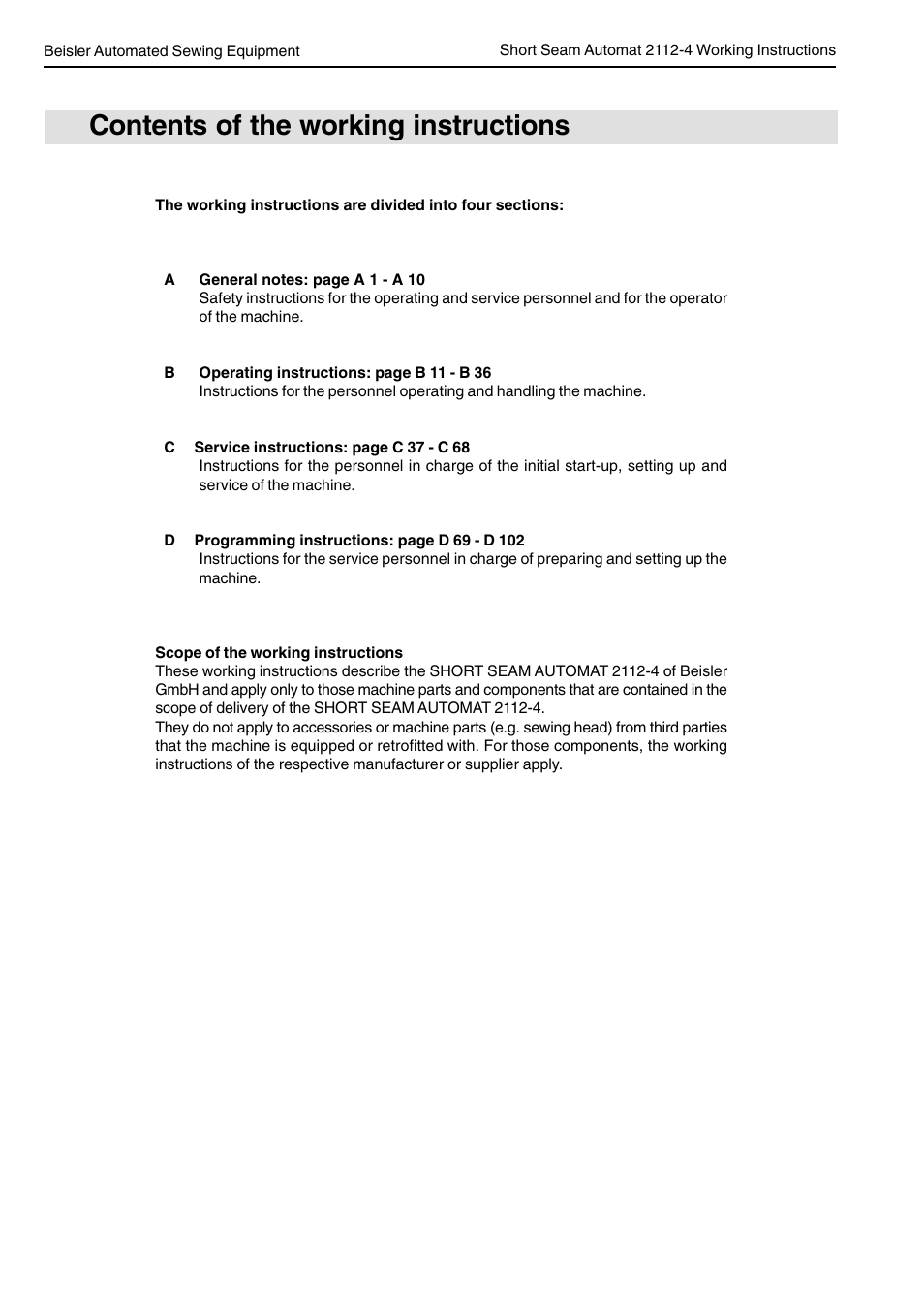 Contents of the working instructions | Beisler 2112-4 User Manual | Page 2 / 102