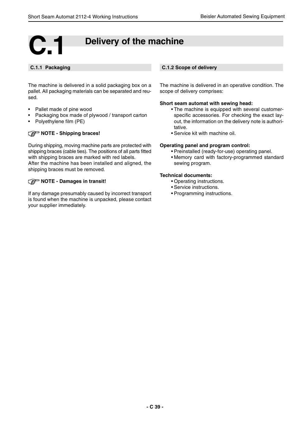 Delivery of the machine | Beisler 2112-4 User Manual | Page 39 / 102