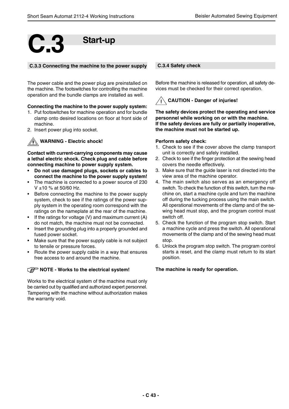 Start-up | Beisler 2112-4 User Manual | Page 43 / 102
