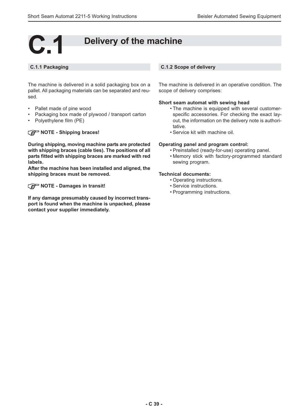 Delivery of the machine | Beisler 2211-5 User Manual | Page 39 / 103