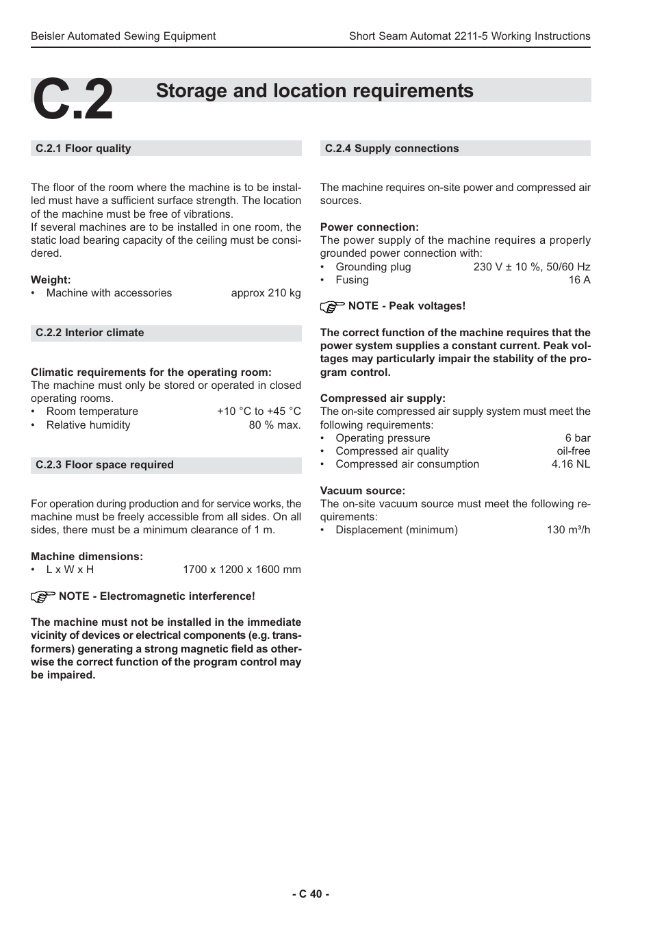 Storage and location requirements | Beisler 2211-5 User Manual | Page 40 / 103