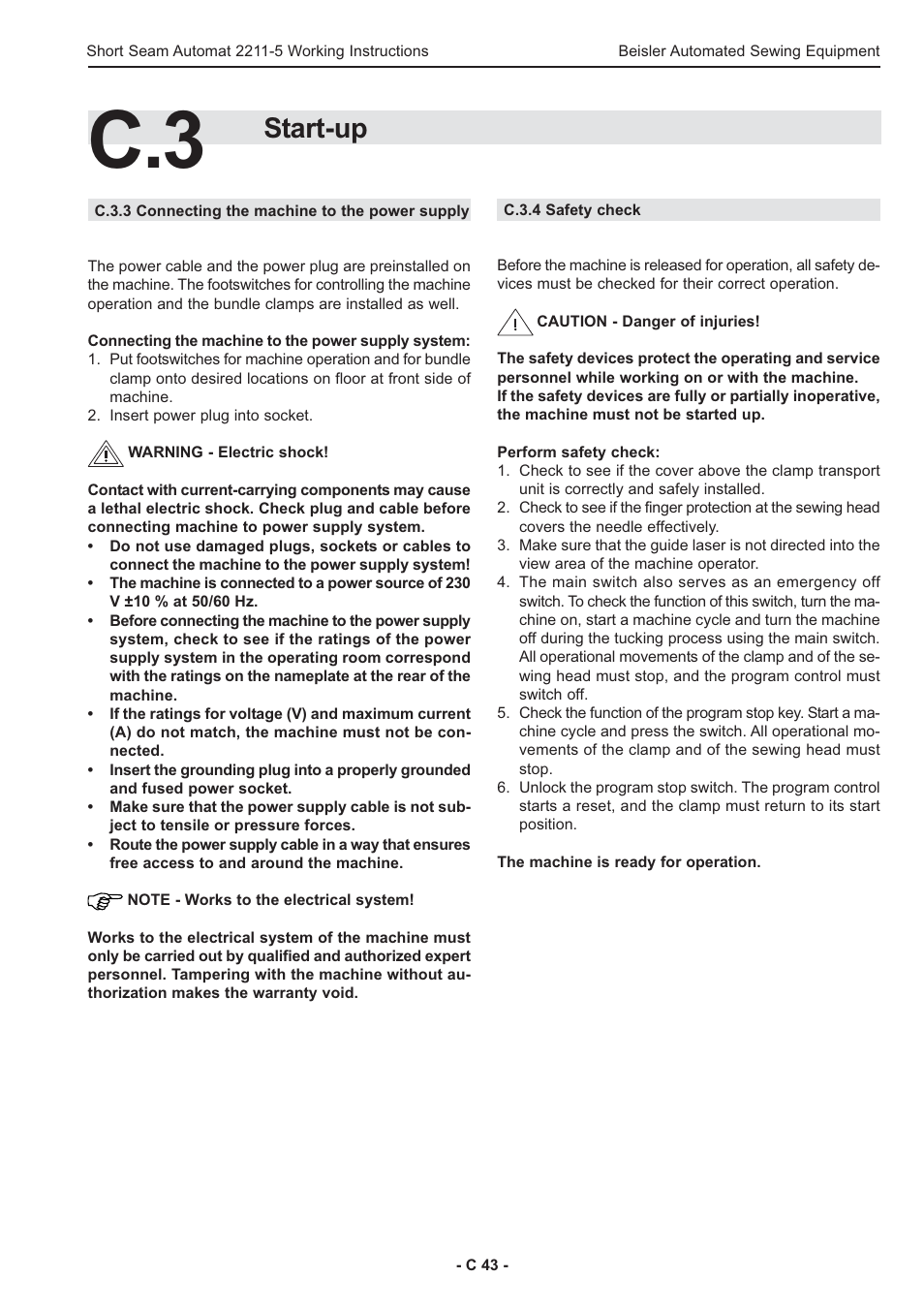 Start-up | Beisler 2211-5 User Manual | Page 43 / 103
