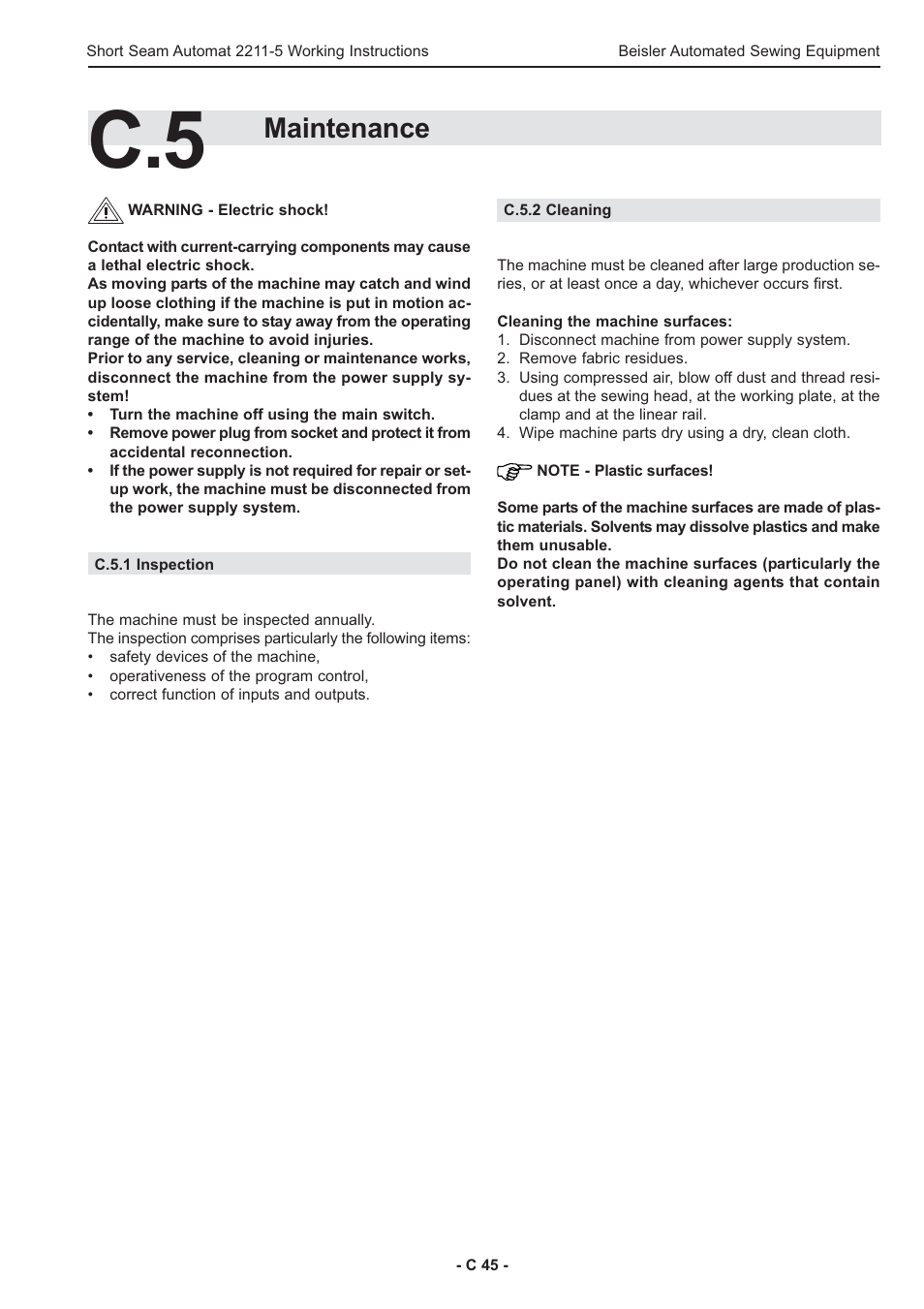 Maintenance | Beisler 2211-5 User Manual | Page 45 / 103