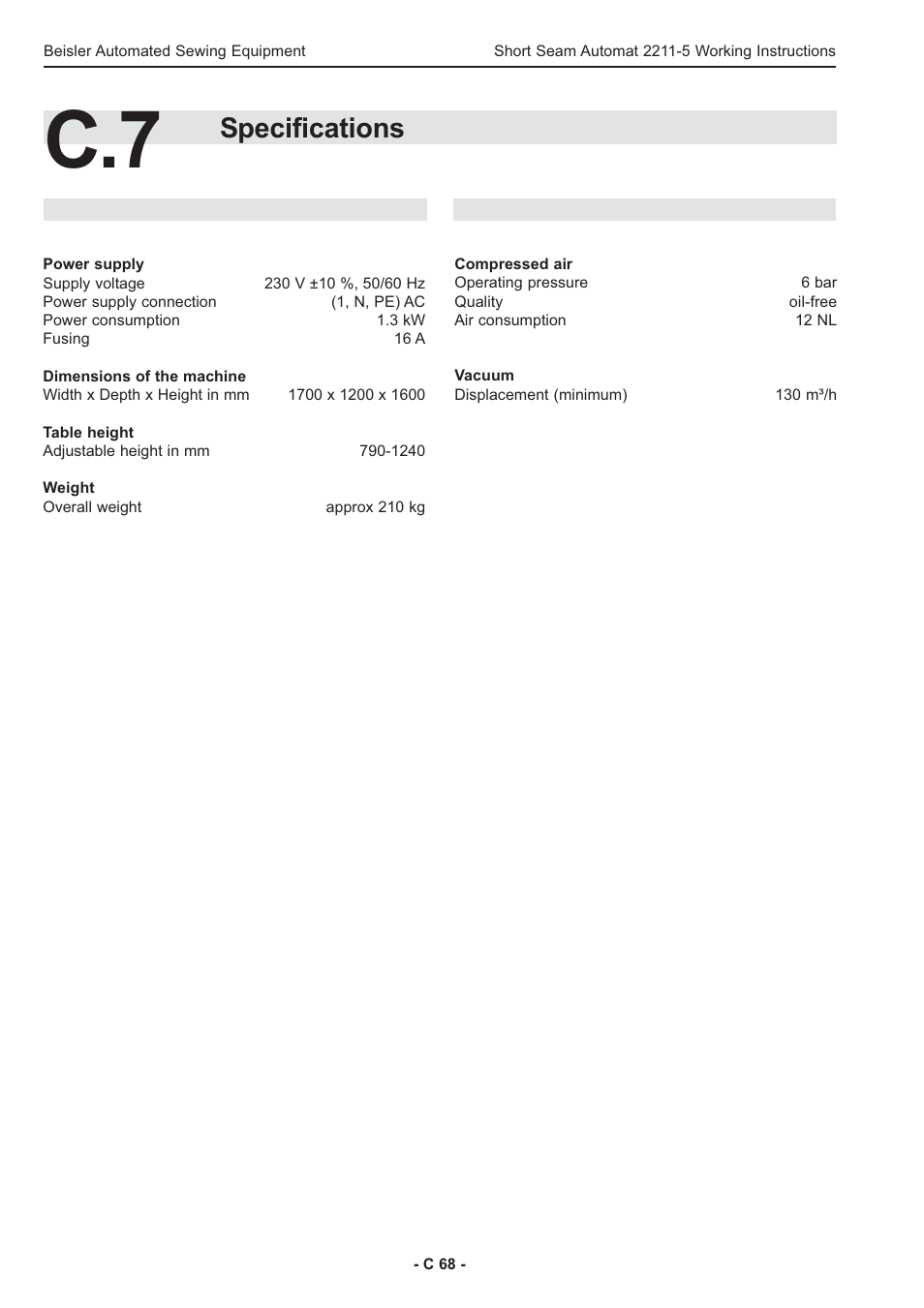 Specifications | Beisler 2211-5 User Manual | Page 68 / 103