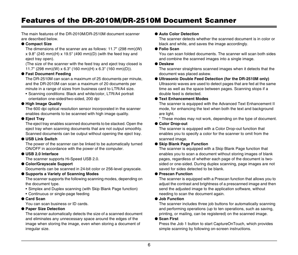 Features of the dr-2010m/dr-2510m document scanner | Canon IMAGEFORMULA DR-2010M User Manual | Page 10 / 36