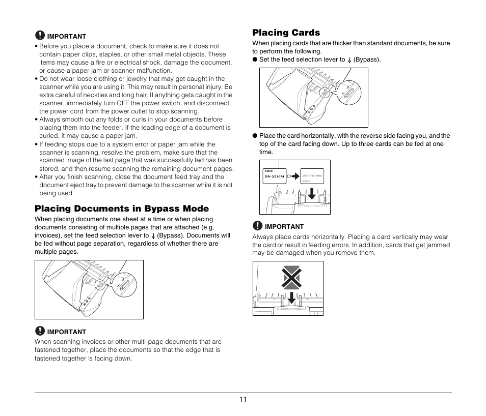 Placing documents in bypass mode, Placing cards | Canon IMAGEFORMULA DR-2010M User Manual | Page 15 / 36