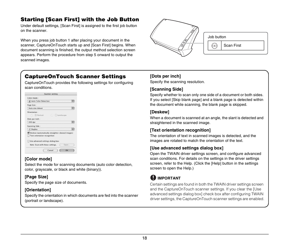 Starting [scan first] with the job button, Captureontouch scanner settings | Canon IMAGEFORMULA DR-2010M User Manual | Page 22 / 36