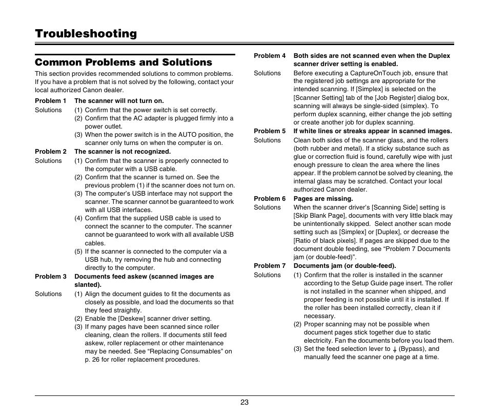 Troubleshooting, Common problems and solutions | Canon IMAGEFORMULA DR-2010M User Manual | Page 27 / 36