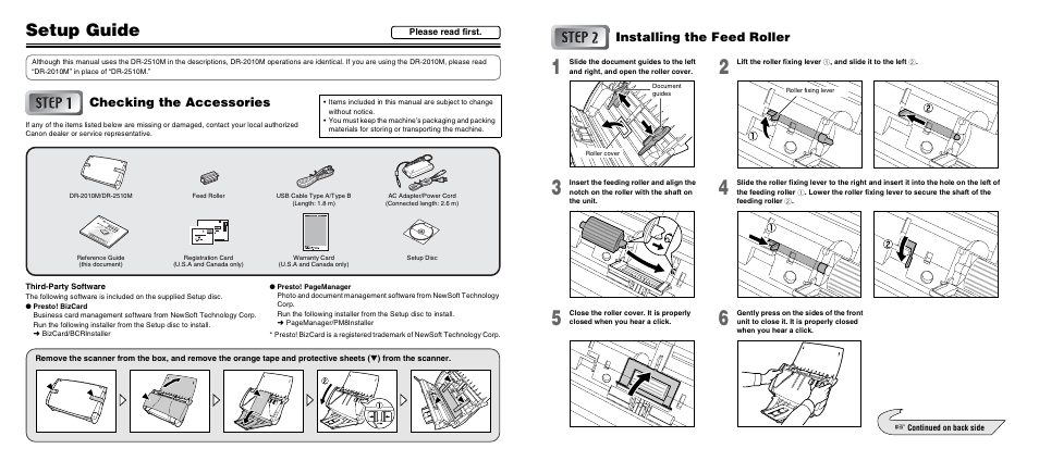 Setup guide, Checking the accessories, Installing the feed roller | Canon IMAGEFORMULA DR-2010M User Manual | Page 3 / 36