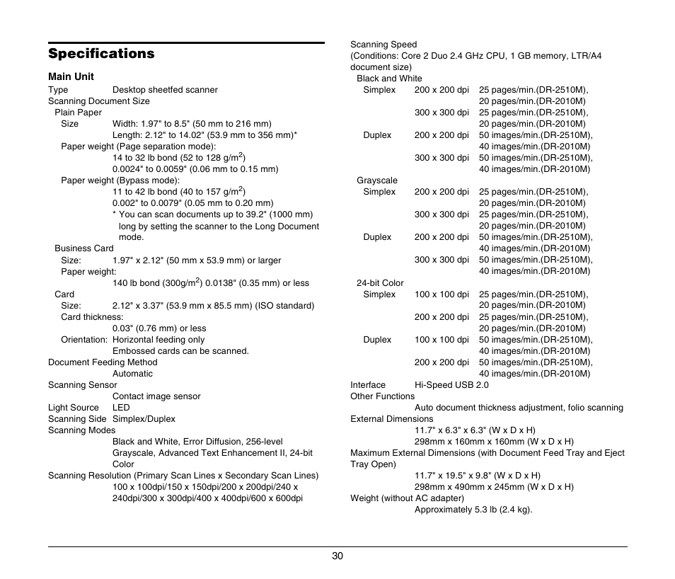 Specifications | Canon IMAGEFORMULA DR-2010M User Manual | Page 34 / 36