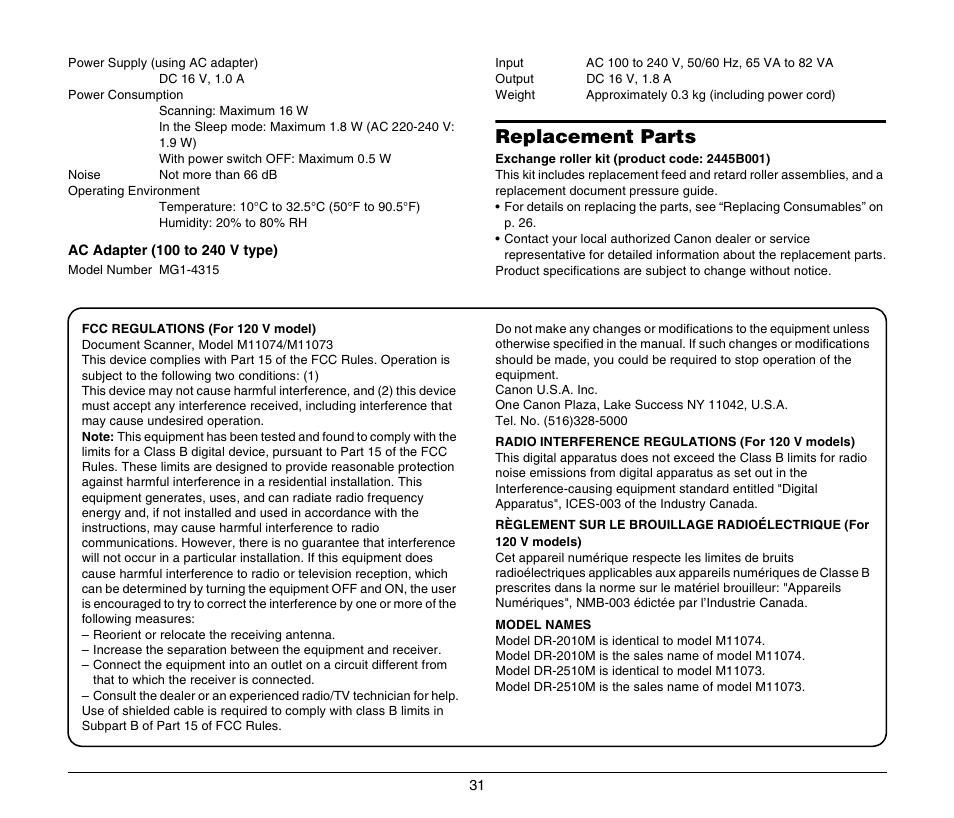 Replacement parts | Canon IMAGEFORMULA DR-2010M User Manual | Page 35 / 36