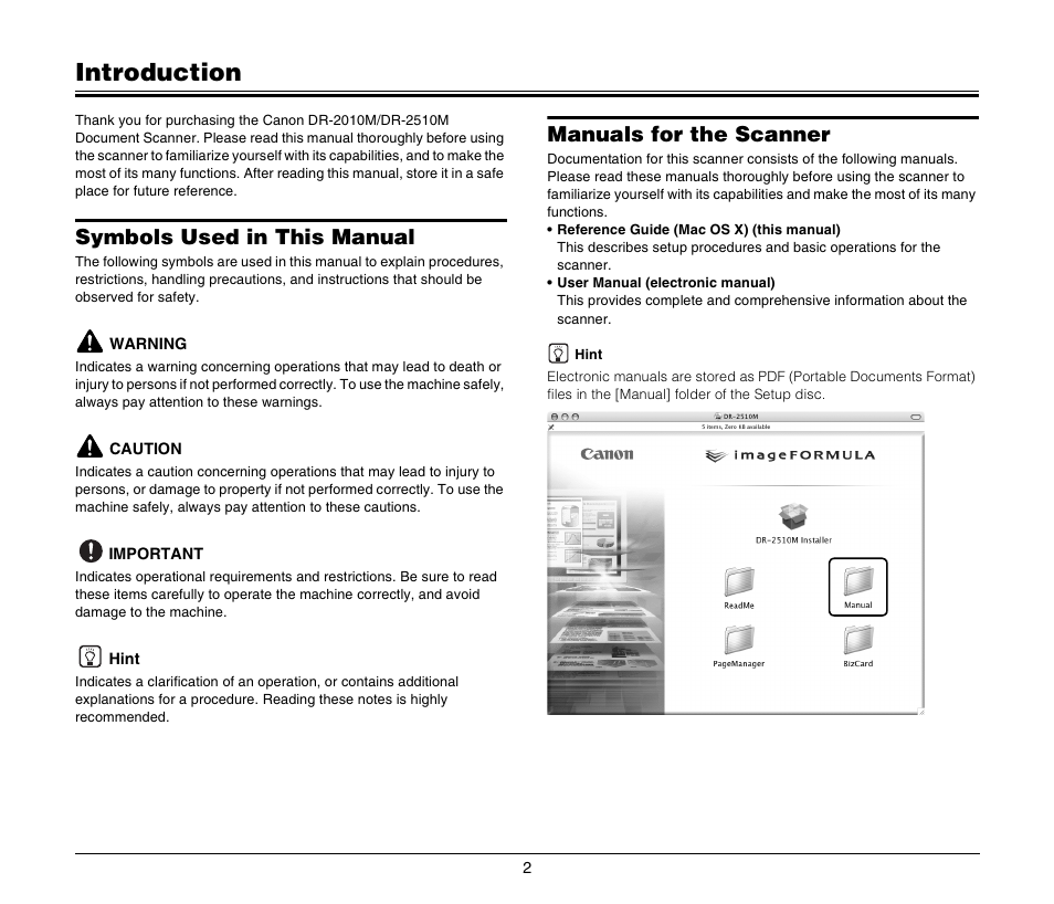 Introduction, Symbols used in this manual, Manuals for the scanner | Canon IMAGEFORMULA DR-2010M User Manual | Page 6 / 36