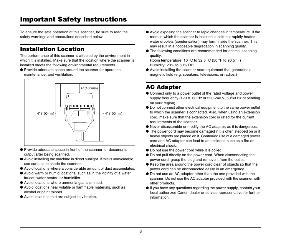 Important safety instructions, Installation location, Ac adapter | Installation location ac adapter | Canon IMAGEFORMULA DR-2010M User Manual | Page 7 / 36