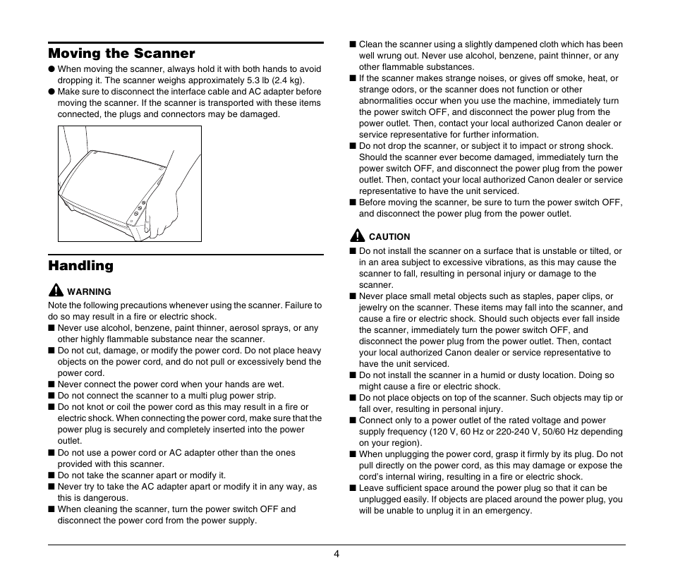 Moving the scanner, Handling, Moving the scanner handling | Canon IMAGEFORMULA DR-2010M User Manual | Page 8 / 36