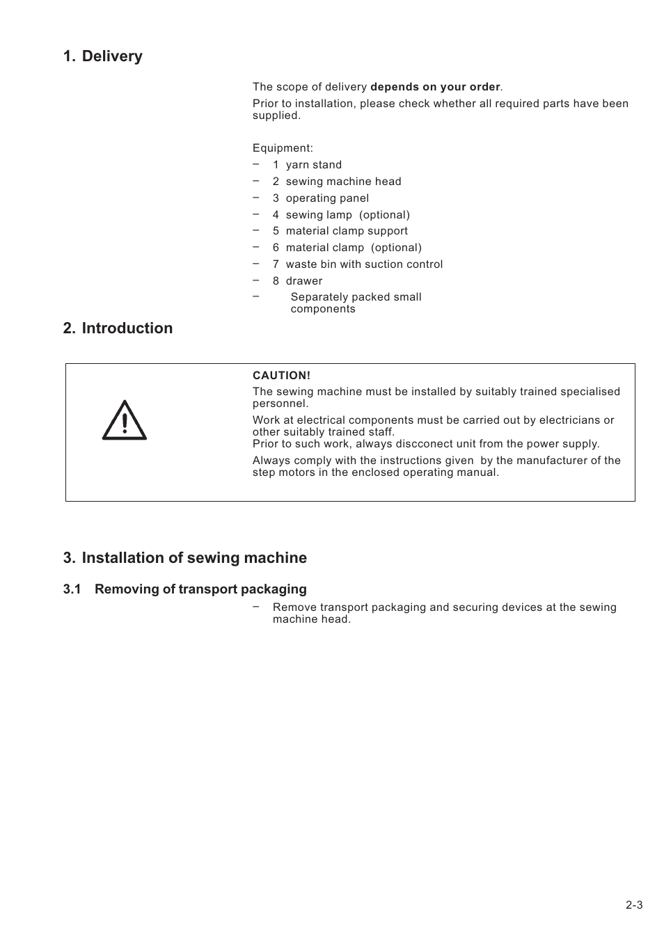 Delivery, Introduction, Installation of sewing machine | Beisler 739-23-1 Installation Manual User Manual | Page 3 / 12