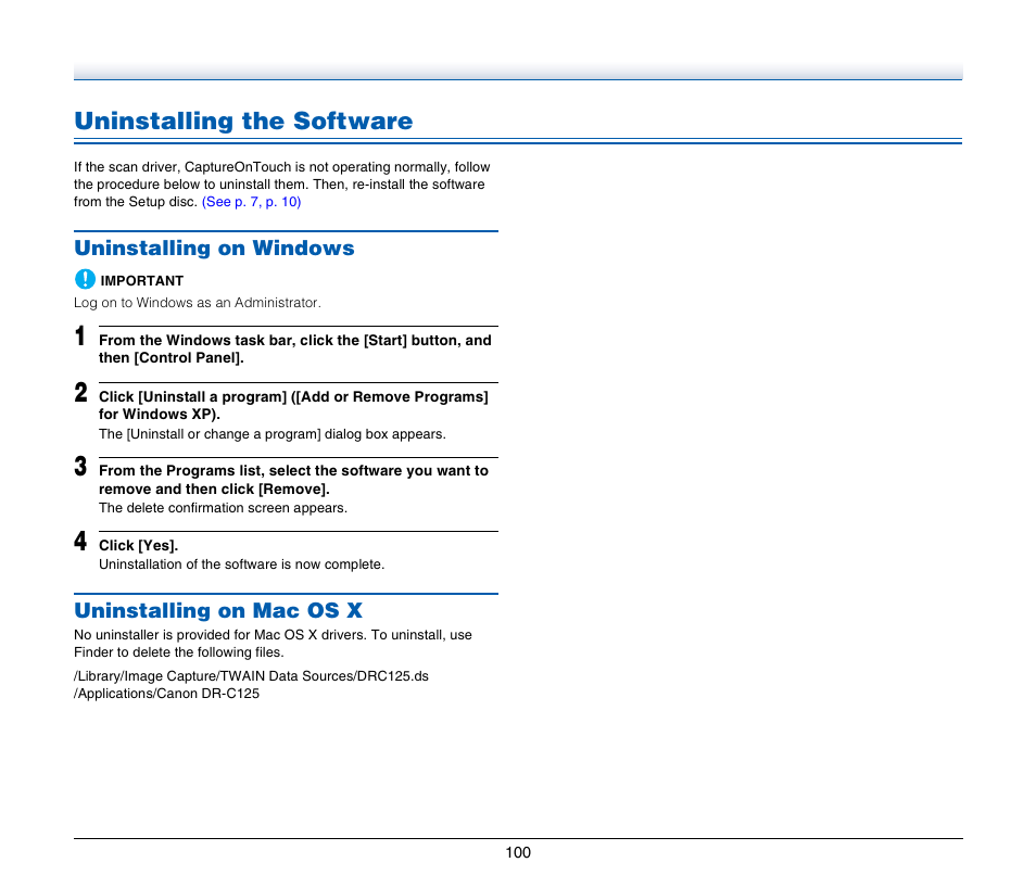 Uninstalling the software, Uninstalling on windows, Uninstalling on mac os x | Uninstalling on windows uninstalling on mac os x | Canon IMAGE FORMULA DR-C125 User Manual | Page 100 / 106