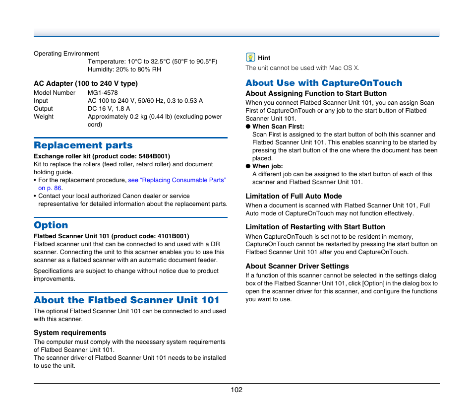 Replacement parts, Option, About the flatbed scanner unit 101 | See p. 102, About use with captureontouch | Canon IMAGE FORMULA DR-C125 User Manual | Page 102 / 106