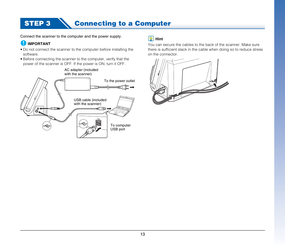 Step 3 connecting to a computer | Canon IMAGE FORMULA DR-C125 User Manual | Page 13 / 106