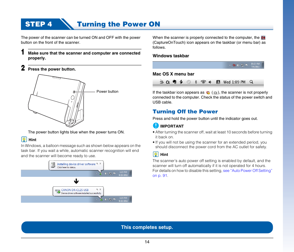 Step 4 turning the power on | Canon IMAGE FORMULA DR-C125 User Manual | Page 14 / 106